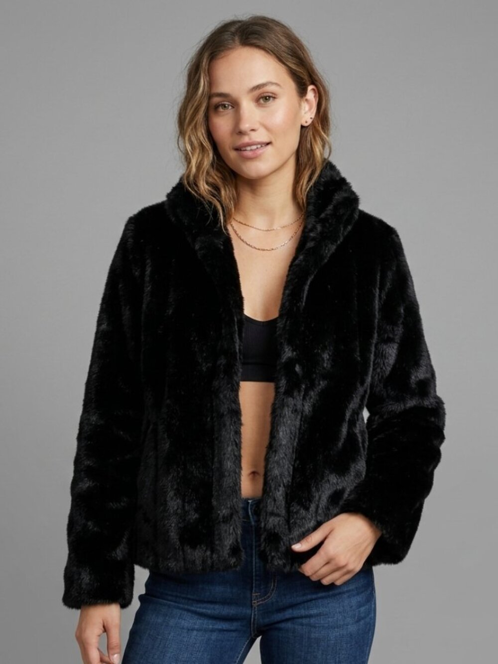 S M Vintage 1990s Black RONDO Faux Vegan Fur Winter Coat Shaggy Warm Y2K 90s
